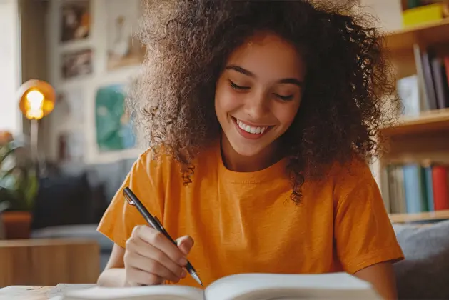 Estudiante sonriente y relajado organizando sus apuntes y calendario para un fin de semestre exitoso y sin estrés.