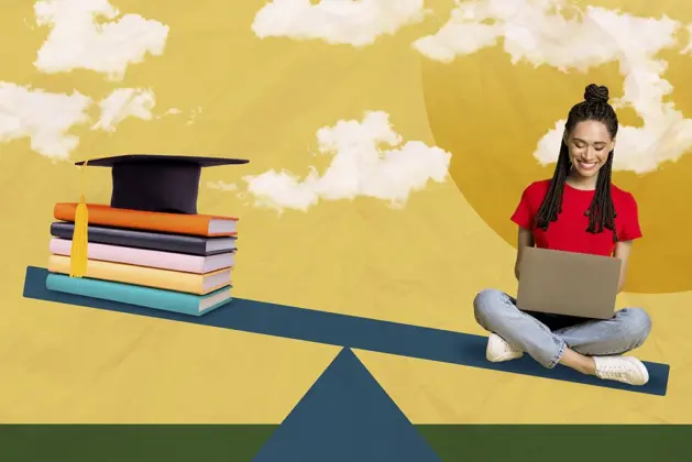 Ilustración de joven estudiante con una laptop sobre una balanza inclinándose por ciertas tendencias de aprendizaje
