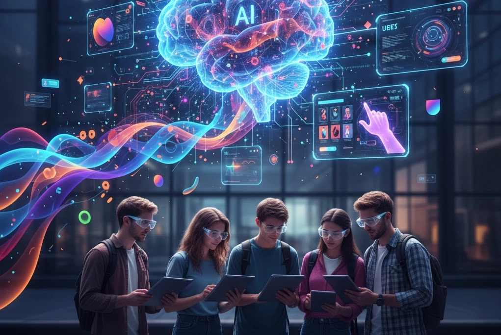inámica que representa las principales tendencias diseño gráfico 2026, incluyendo elementos de IA, motion y UX para estudiantes.