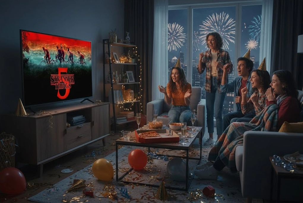 Jóvenes viendo en celebración de año nuevo el nuevo y final capítulo de la sere Stranger things de Netflix