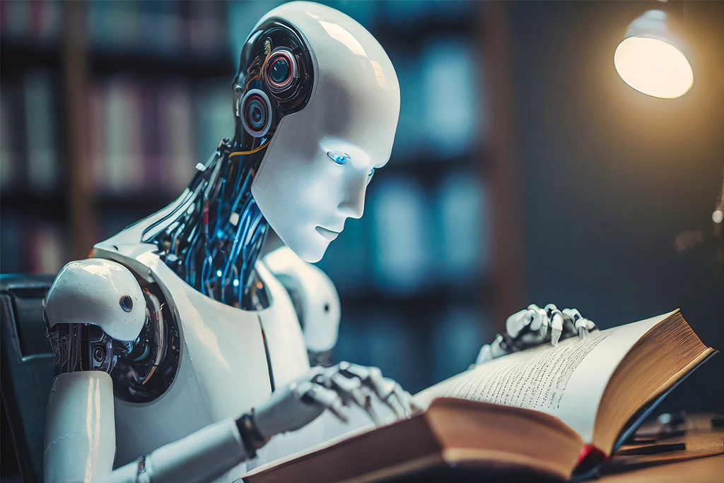 Un robot humanoide leyendo un libro en una biblioteca, que pasara con el futuro de las bibliotecas