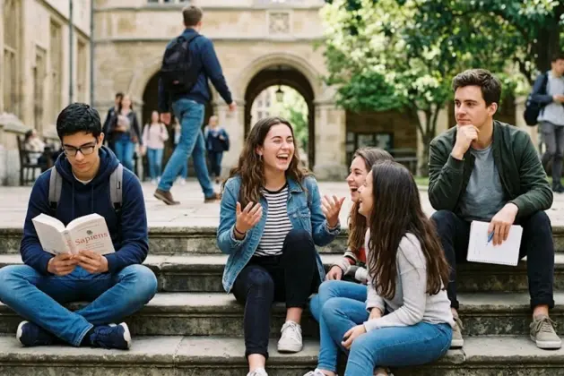 tres jóvenes universitarios sentados en una escalinata, uno leyendo solo, otro riendo con amigos y un tercero observando la escena con expresión reflexiva, representando los perfiles del test de personalidad introvertido, extrovertido y otrovertido.