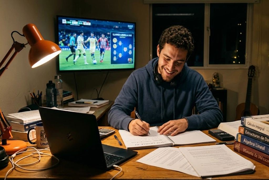 Estudiante universitario joven revisa apuntes mientras ve en su celular el calendario de la Liguilla MX y una pantalla con el “test liguilla MX: qué equipo eres según tu forma de estudiar”. Fondo con estadio de fútbol iluminado.