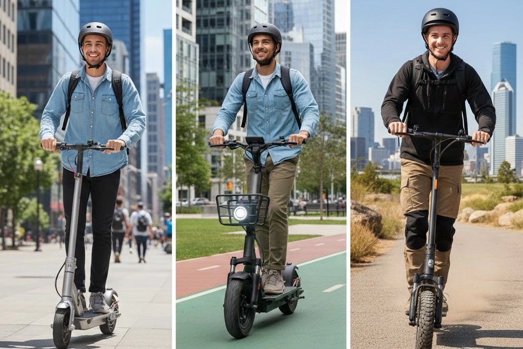 Joven sonriente conduciendo diferentes tipos de scooters eléctricos por la ciudad, representando el test para encontrar el modelo ideal de scooter plegable, urbano y todoterreno