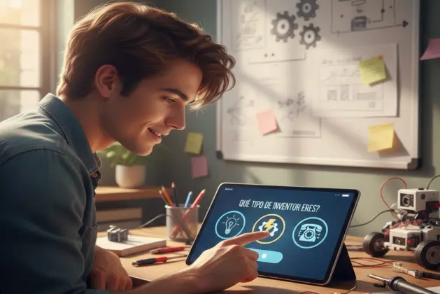 Joven realizando test online interactivo para descubrir su personalidad de inventor con iconos de bombilla, rayo y teléfono antiguo.