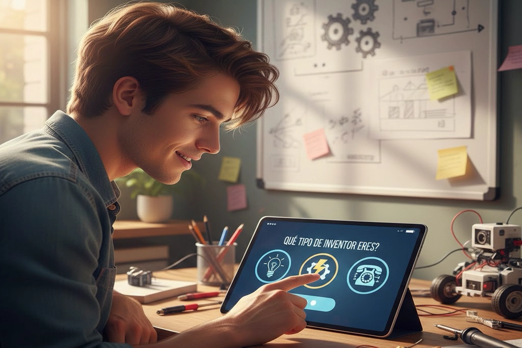 Joven realizando test online interactivo para descubrir su personalidad de inventor con iconos de bombilla, rayo y teléfono antiguo.