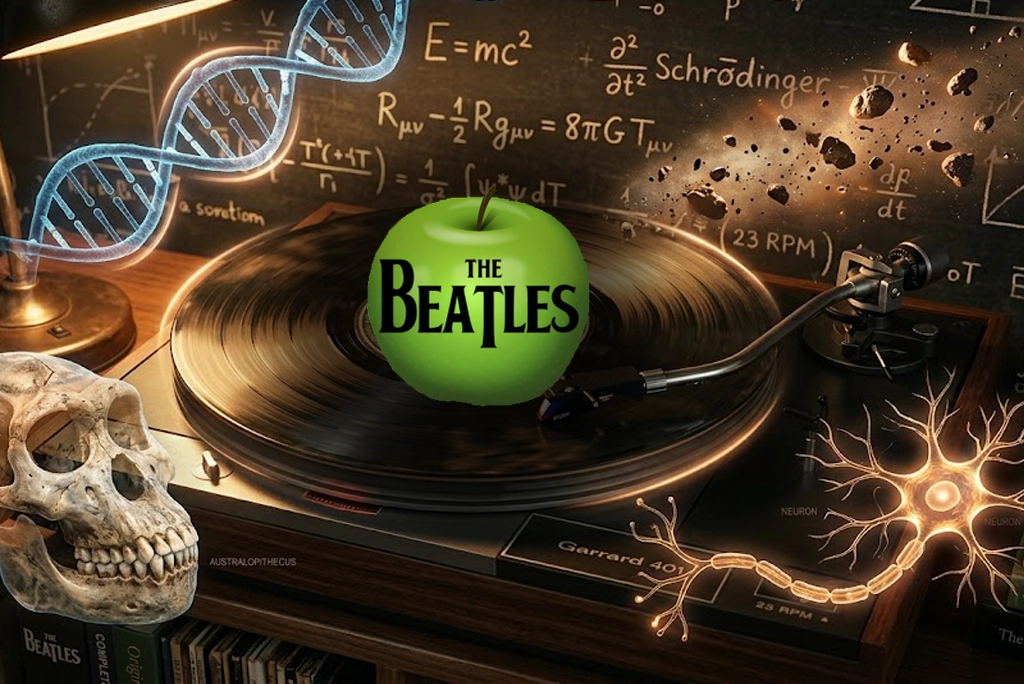 Colaje realista de una pastilla de vinilo de The Beatles girando sobre un fondo de fórmulas científicas, asteroides y una neurona, representando la unión entre ciencia y The Beatles.