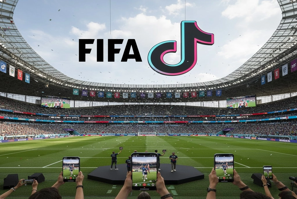 alianza entre FIFA y TikTok para la cobertura del mundial 2026 en tiktok, mostrando un estadio y símbolos de la red social.