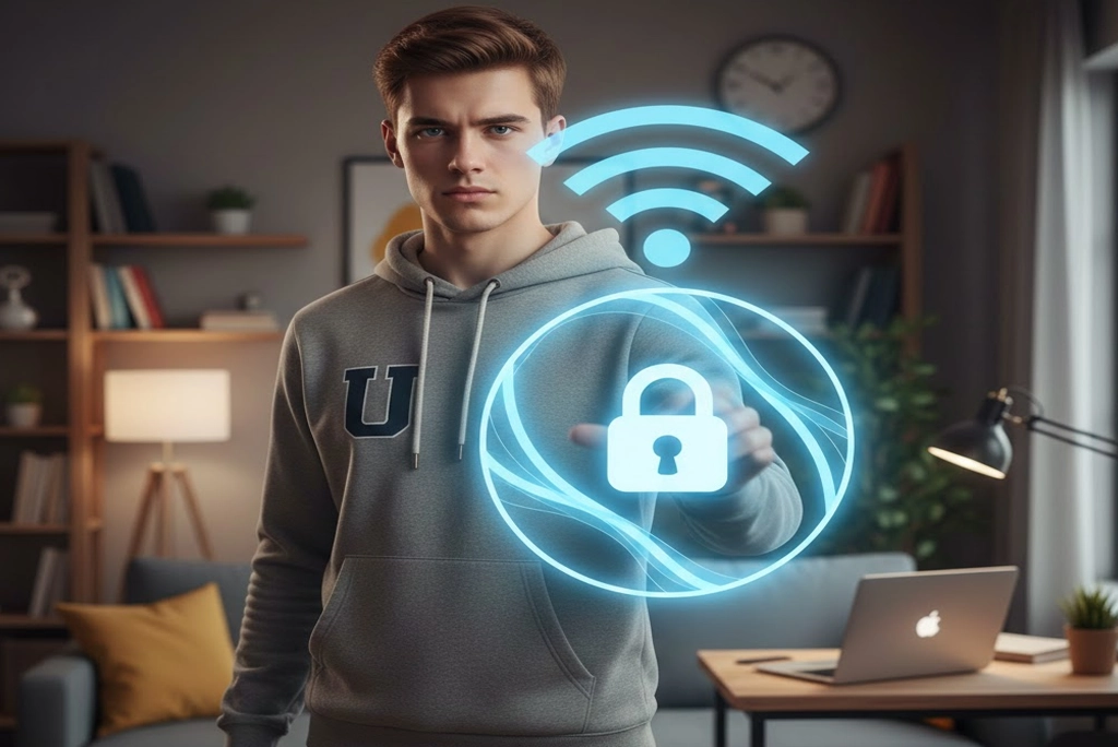 Joven universitario protegiendo simbólicamente el icono de una red WiFi con un escudo, representando la importancia de la seguridad conexión WiFi en el hogar.