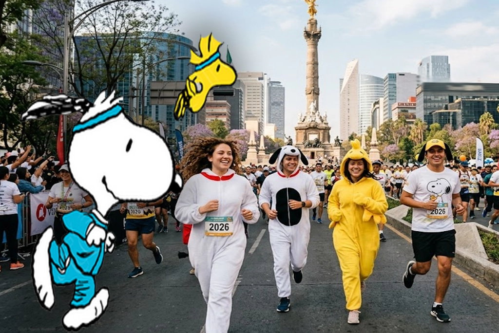 Grupo de jóvenes corriendo y sonriendo con disfraces de Snoopy y Woodstock en el Paseo de la Reforma durante la carrera temática Snoopy 2026, con el Ángel de la Independencia al fondo.