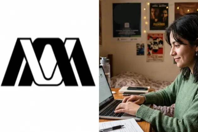 Aspirante joven revisando la convocatoria UAM segunda vuelta en una laptop frente a un cuaderno con apuntes y una taza de café.
