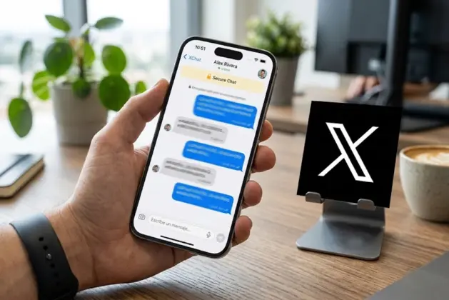 Interfaz de la app de mensajería XChat en un iPhone mostrando un chat cifrado junto al logo de la red social X.