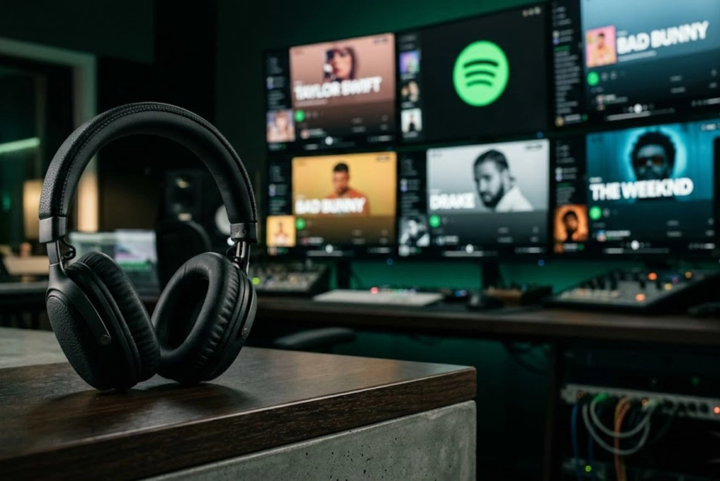 Rostros de Taylor Swift, Bad Bunny, Drake y The Weeknd sobre fondo de ondas sonoras verdes y negras, representando a los artistas más escuchados de la historia en Spotify.