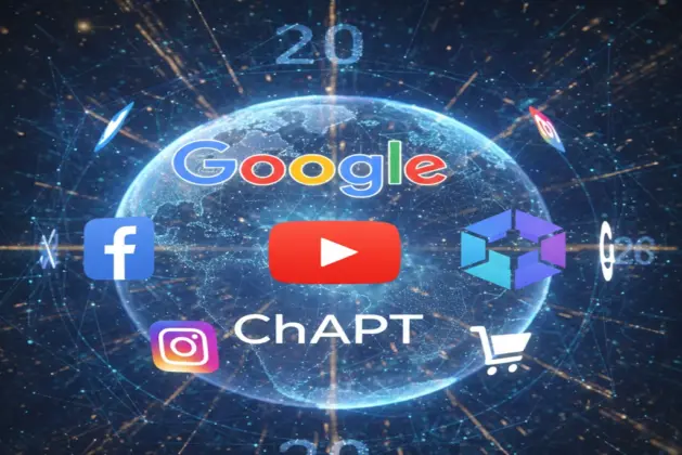 Top 20 global de 2025 con logos de Google, YouTube y ChatGPT, ilustrando las páginas populares internet con mayor tráfico web global.