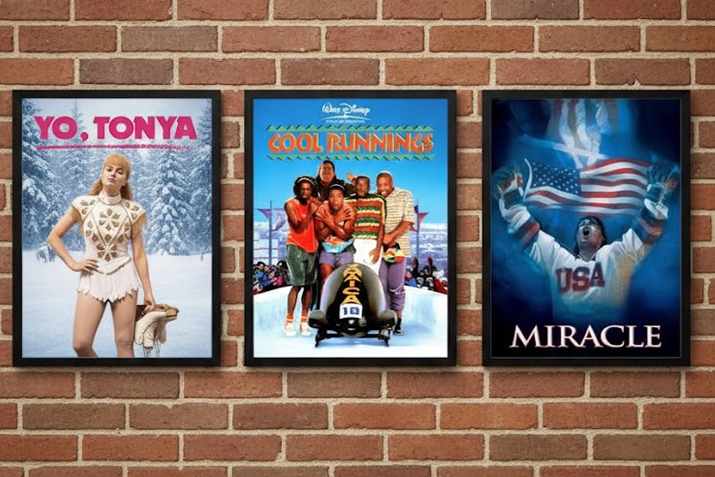 Colección de pósters de películas sobre los Juegos Olímpicos de Invierno como Yo Tonya, Jamaica Bajo Cero y El Milagro, con paisajes nevados y atletas en acción sobre hielo.