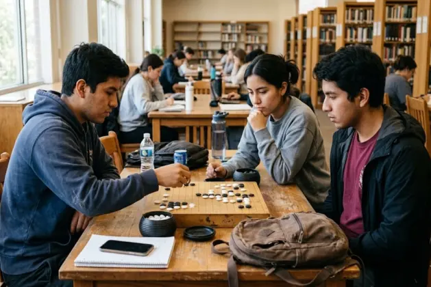 Tres jóvenes mexicanos concentrados alrededor de un tablero de deporte mental GO con piedras blancas y negras, en un ambiente universitario, con ropa casual, fondo neutro y luz natural.