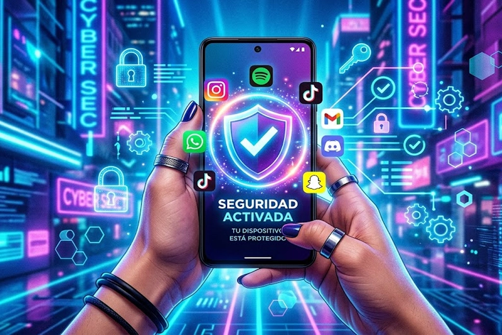 Antivirus en el celular, smartphone mostrando un escudo de seguridad en pantalla, fondo tecnológico juvenil, colores vibrantes, manos sosteniendo el dispositivo.