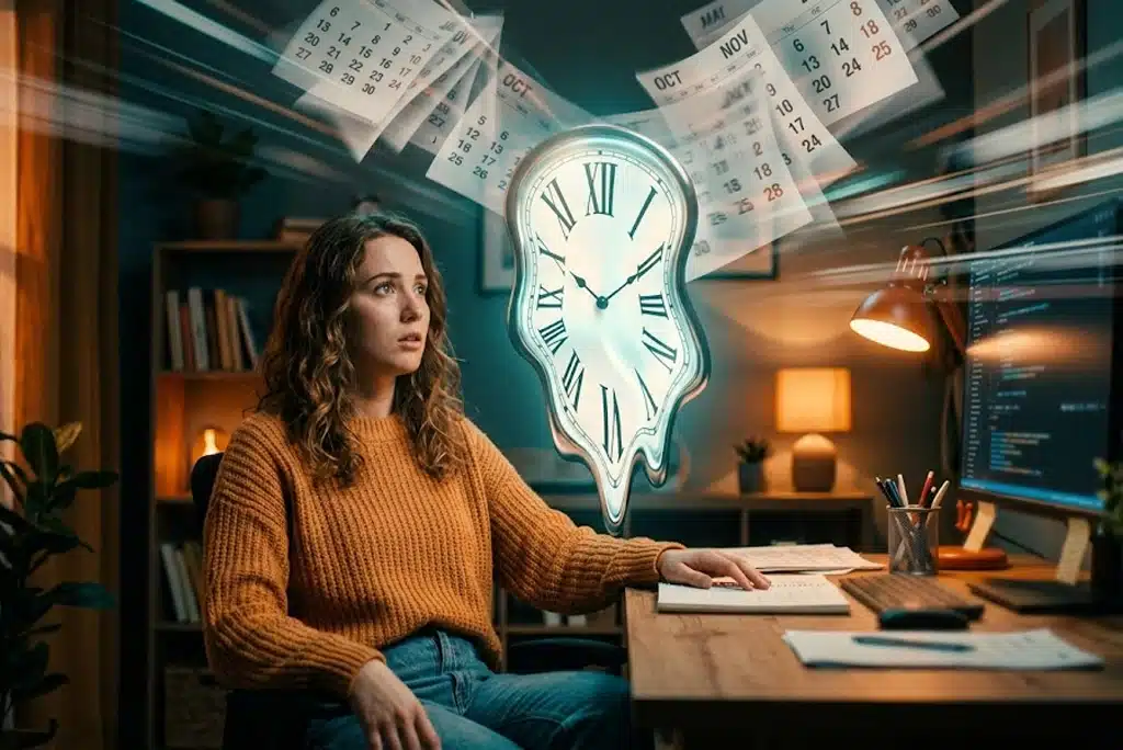 Ilustración conceptual de la percepción del tiempo con un reloj derritiéndose junto a una calavera estudiantil y líneas de velocidad al fondo.