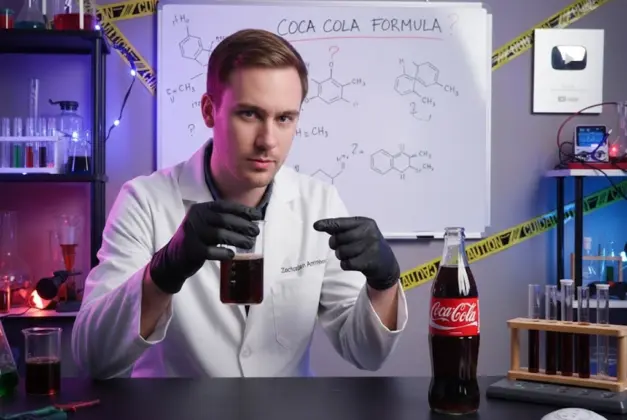 magen ilustrativa de un youtuber en un laboratorio casero analizando la fórmula Coca Cola junto a una botella del famoso refresco.