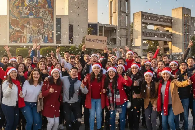 Estudiantes universitarios felices celebrando el inicio de las vacaciones de invierno frente a instalaciones de la UNAM, IPN y UAM