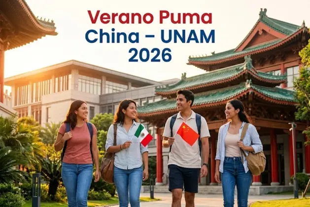 Estudiantes mexicanos sonrientes en el campus de la Beijing Foreign Studies University con una bandera de China y México, bajo el texto “Verano Puma China 2026 – Convocatoria UNAM”