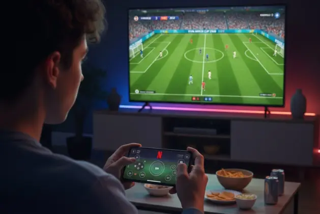 joven jugando videojuego FIFA Netflix mostrando un partido de fútbol de la Copa Mundial 2026 en un televisor con el teléfono celular como control de mando con el logotipo de Netflix