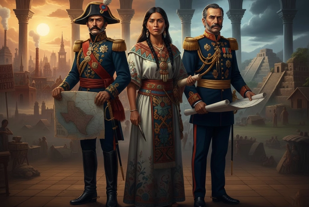 figuras históricas controversiales de México, como Malinche, Porfirio Díaz y Santa Anna, representando el debate sobre los villanos de la historia de México.