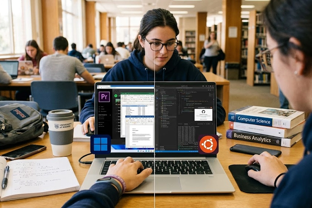 Comparativa entre Windows vs Linux para estudiantes universitarios: ilustración juvenil con una laptop dividida en dos mitades, una con logo de Windows y herramientas de diseño y negocios, otra con logo de Linux y entornos de programación e ingeniería.