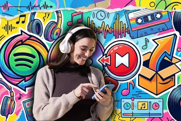 Joven escuchando música con audífonos con fondo Collage juvenil y colorido mostrando logos de Spotify Wrapped, Apple Music Replay, YouTube Recap y Amazon Music Delivered, representando el resumen de la música del año en streaming.