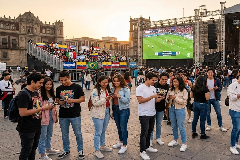 Jóvenes aficionados al fútbol completando el registro Fan Fest Mundial 2026 desde sus celulares, con pantalla gigante del Mundial de fondo y luces de concierto.