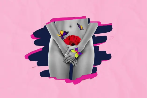 Ilustración de una mujer cubriendo su zona íntima con mariposas y flores sobre fondo rosa, aludiendo al cuidado de la higiene íntima de la mujer